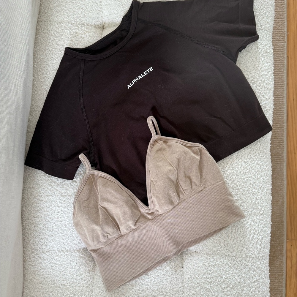 Alphalete Dark Brown Crop Top and Tan Bralette